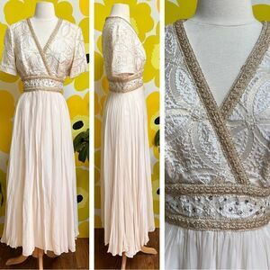 Dreamy 1960s Cream Metallic Embroidered Grecian Goddess Flowy Empire Waist Gown